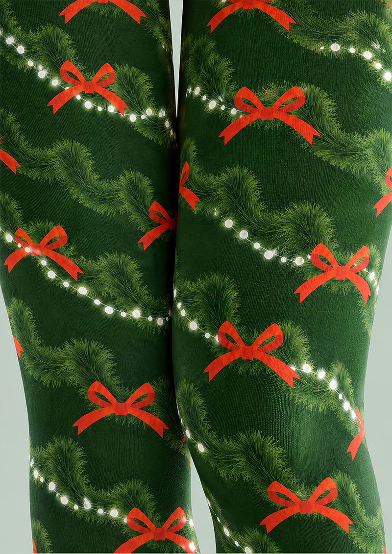 Evergreen Bow Print Tights Hosiery Festive Pantyhose Z610-33