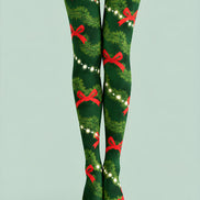 Evergreen Bow Print Tights Hosiery Festive Pantyhose Z610-33