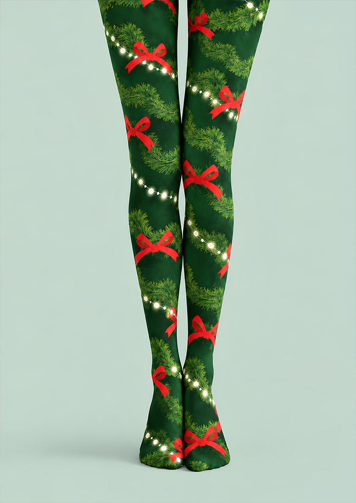 Evergreen Bow Print Tights Hosiery Festive Pantyhose Z610-33