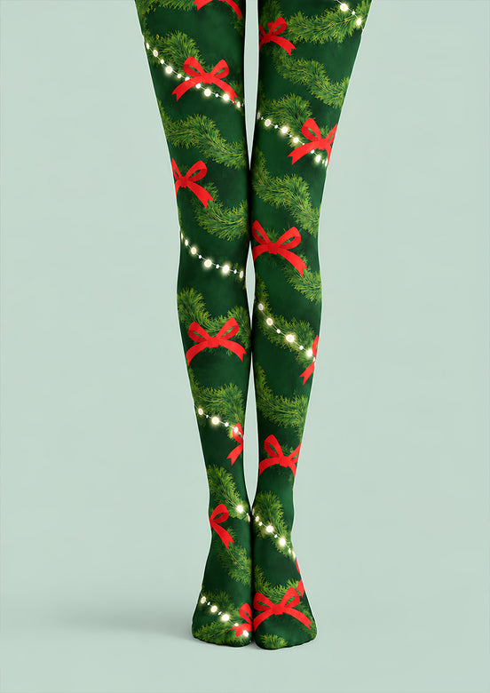 Evergreen Bow Print Tights Hosiery Festive Pantyhose Z610-33