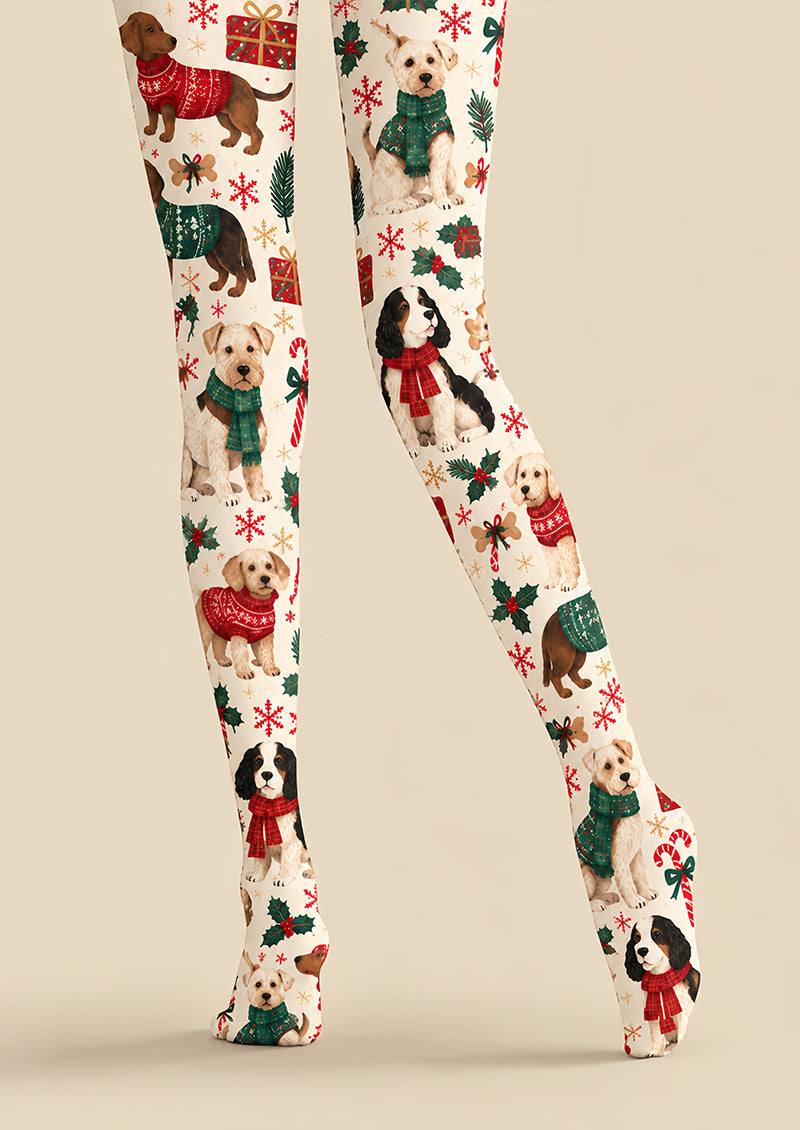 Christmas Dog Candy Cane Graphic Print Tights Z610-51