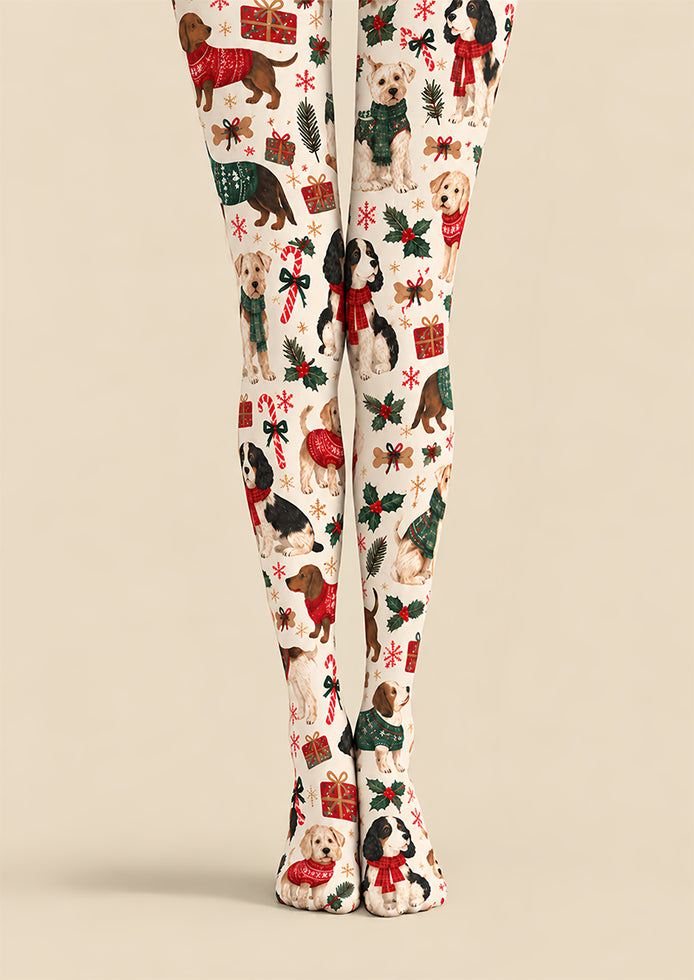 Christmas Dog Candy Cane Graphic Print Tights Z610-51