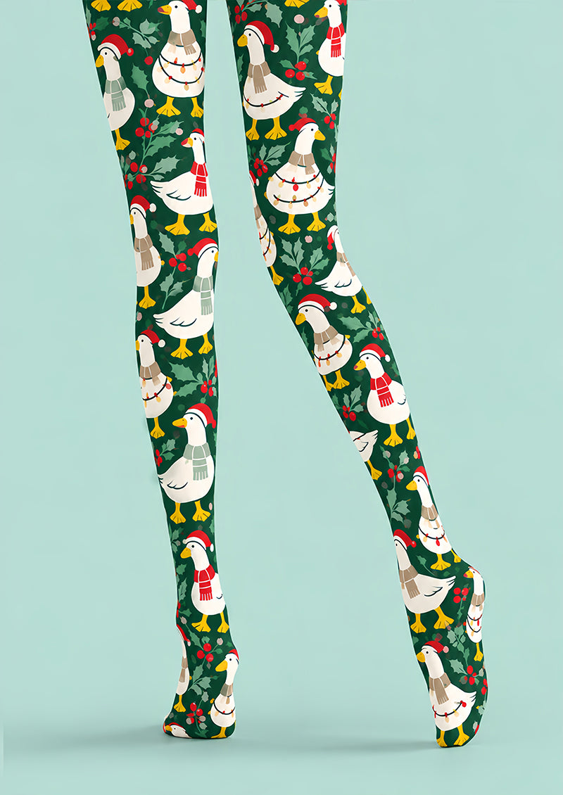 Christmas Goose Holly Berry Print Tights Pantyhose Z610-54