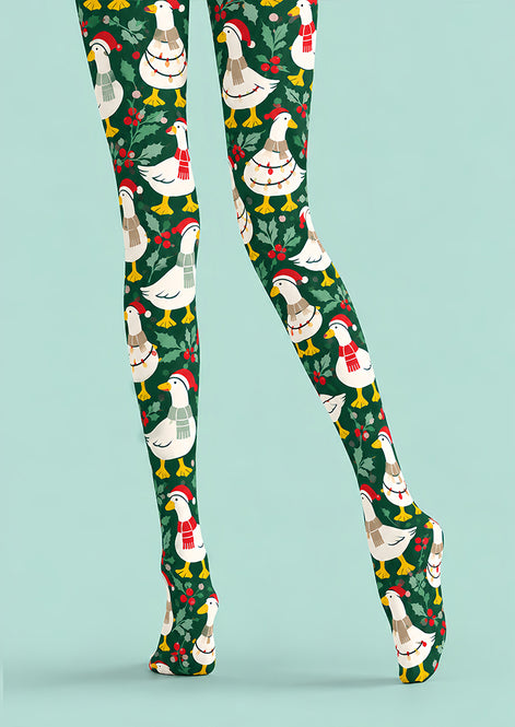 Christmas Goose Holly Berry Print Tights Pantyhose Z610-54