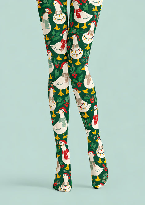 Christmas Goose Holly Berry Print Tights Pantyhose Z610-54