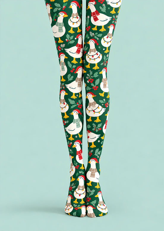 Christmas Goose Holly Berry Print Tights Pantyhose Z610-54