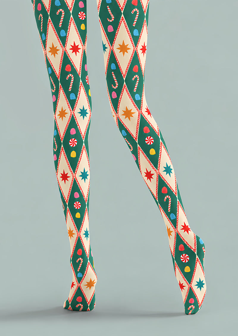 Argyle Candy Cane Print Christmas Tights Pantyhose Z610-55