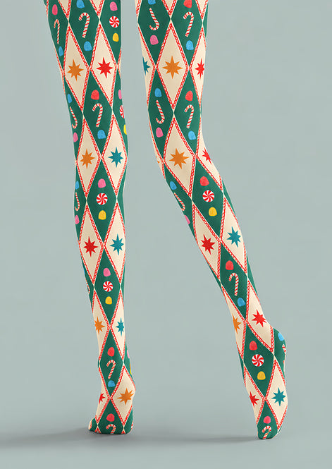 Argyle Candy Cane Print Christmas Tights Pantyhose Z610-55