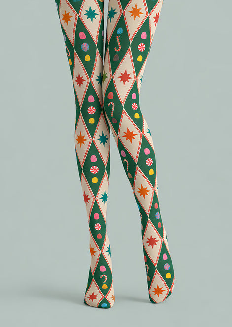 Argyle Candy Cane Print Christmas Tights Pantyhose Z610-55