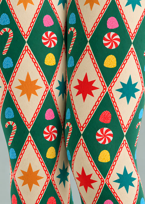 Argyle Candy Cane Print Christmas Tights Pantyhose Z610-55