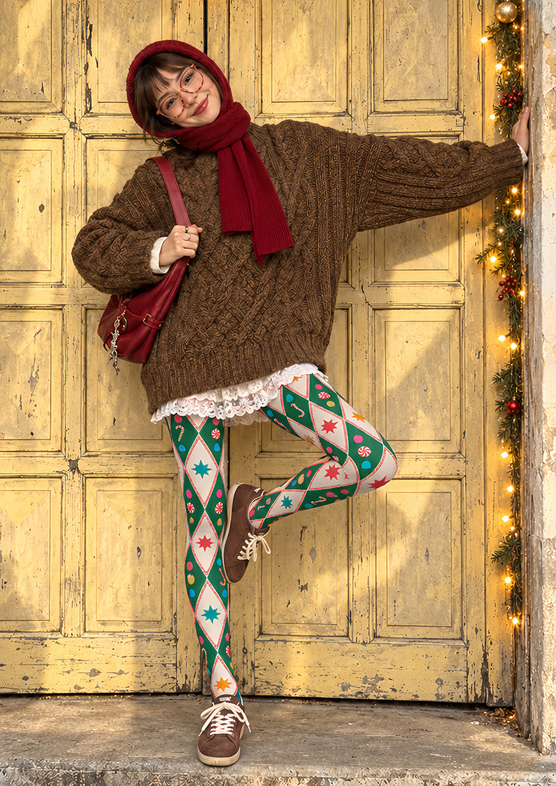 Argyle Candy Cane Print Christmas Tights Pantyhose Z610-55