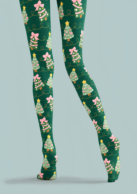 Christmas Tree Pink Bow Print Tights Hosiery Z610-57