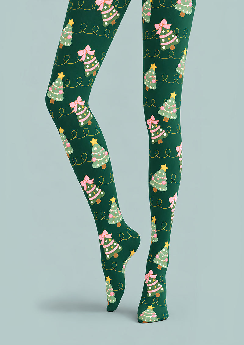 Christmas Tree Pink Bow Print Tights Hosiery Z610-57