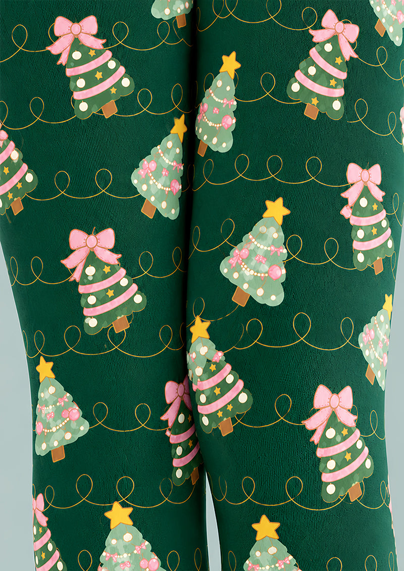 Christmas Tree Pink Bow Print Tights Hosiery Z610-57