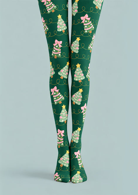 Christmas Tree Pink Bow Print Tights Hosiery Z610-57