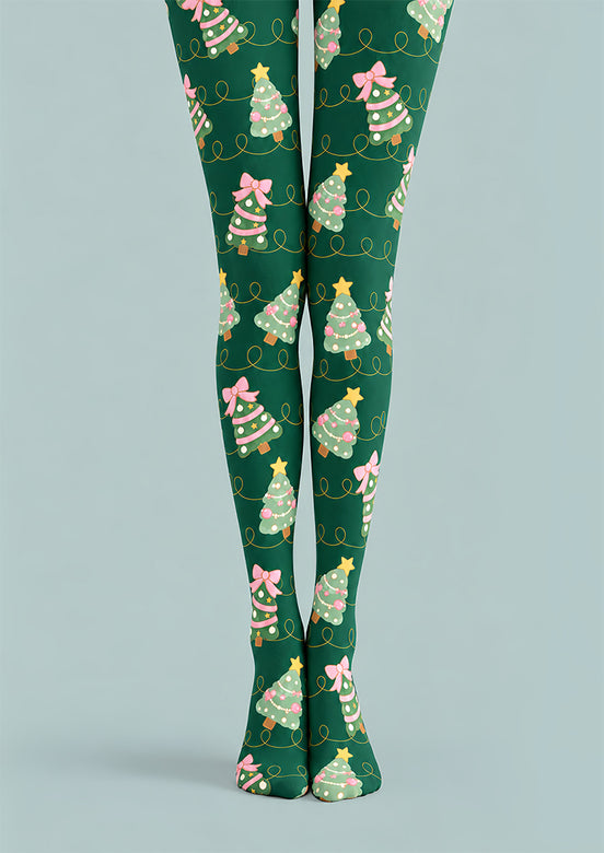 Christmas Tree Pink Bow Print Tights Hosiery Z610-57