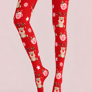 Red Reindeer Hot Cocoa Christmas Print Tights Z610-58