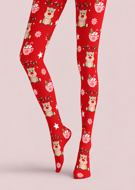 Red Reindeer Hot Cocoa Christmas Print Tights Z610-58