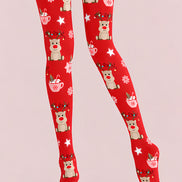 Red Reindeer Hot Cocoa Christmas Print Tights Z610-58