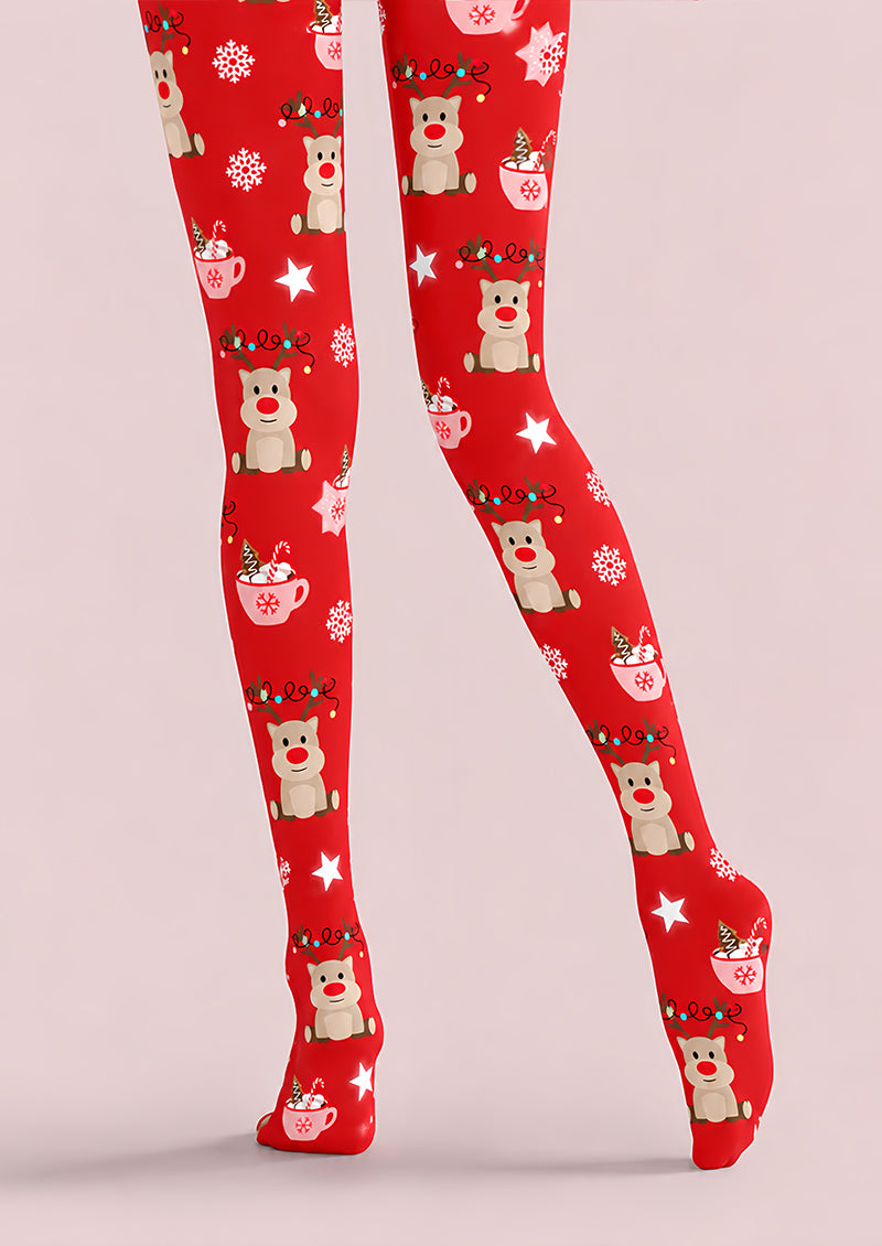Red Reindeer Hot Cocoa Christmas Print Tights Z610-58