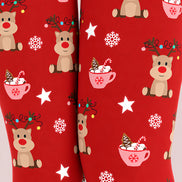 Red Reindeer Hot Cocoa Christmas Print Tights Z610-58