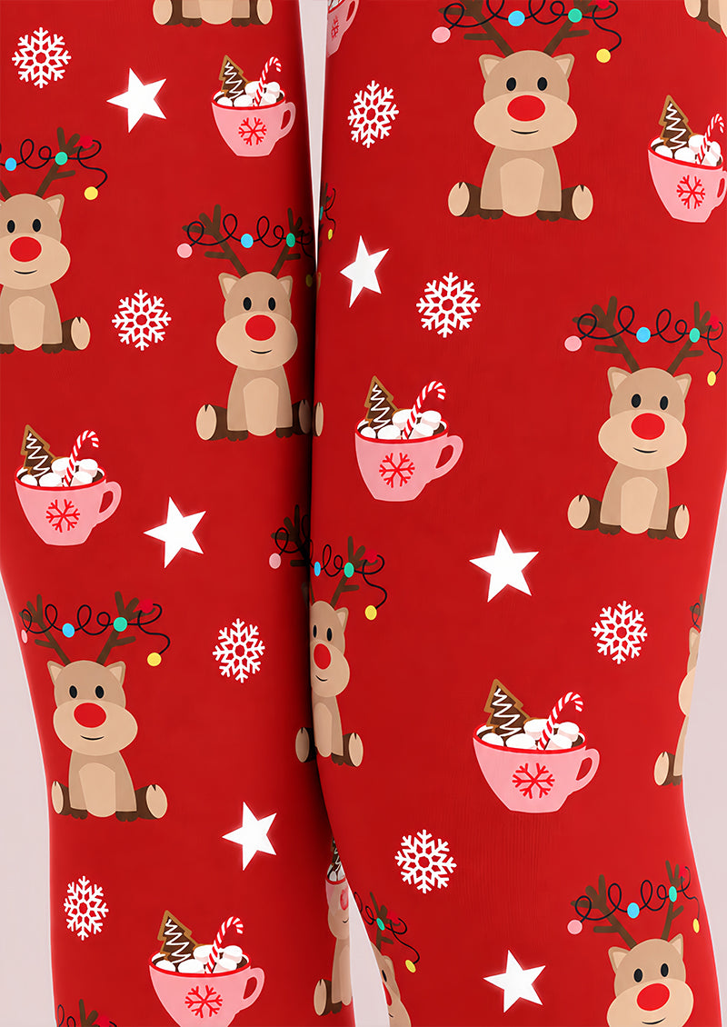 Red Reindeer Hot Cocoa Christmas Print Tights Z610-58