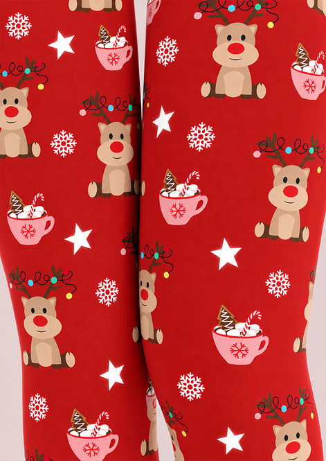 Red Reindeer Hot Cocoa Christmas Print Tights Z610-58