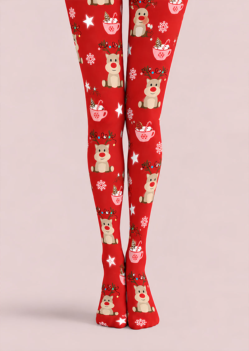 Red Reindeer Hot Cocoa Christmas Print Tights Z610-58
