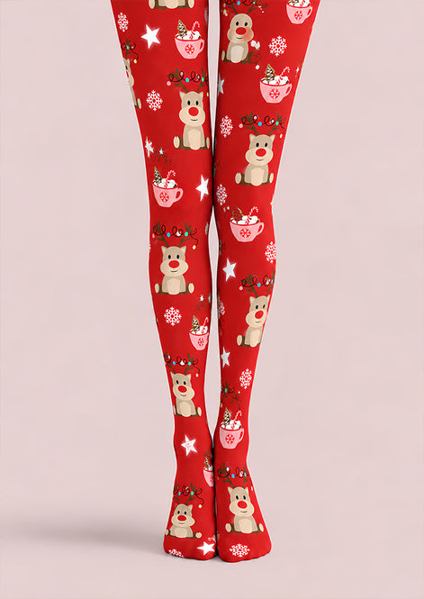 Red Reindeer Hot Cocoa Christmas Print Tights Z610-58