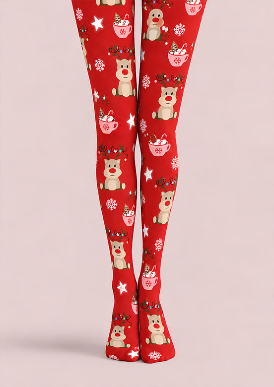 Red Reindeer Hot Cocoa Christmas Print Tights Z610-58