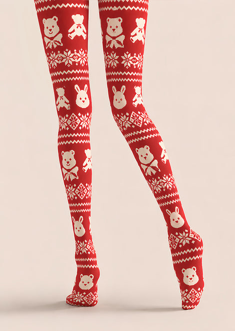 Red Bear Rabbit Fair Isle Christmas Print Tights Z610-59