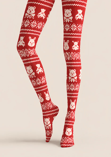 Red Bear Rabbit Fair Isle Christmas Print Tights Z610-59