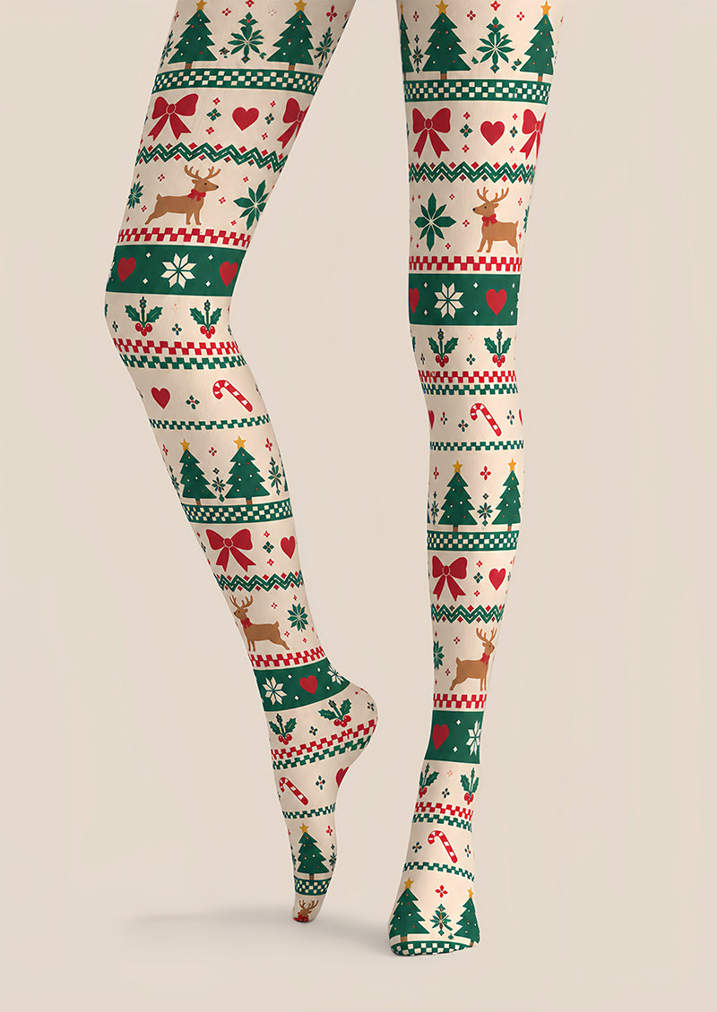 Ivory Fair Isle Christmas Print Tights Reindeer Tree Z610-60