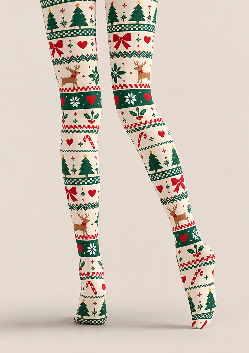 Ivory Fair Isle Christmas Print Tights Reindeer Tree Z610-60