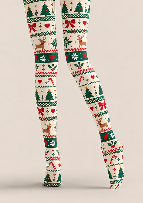 Ivory Fair Isle Christmas Print Tights Reindeer Tree Z610-60