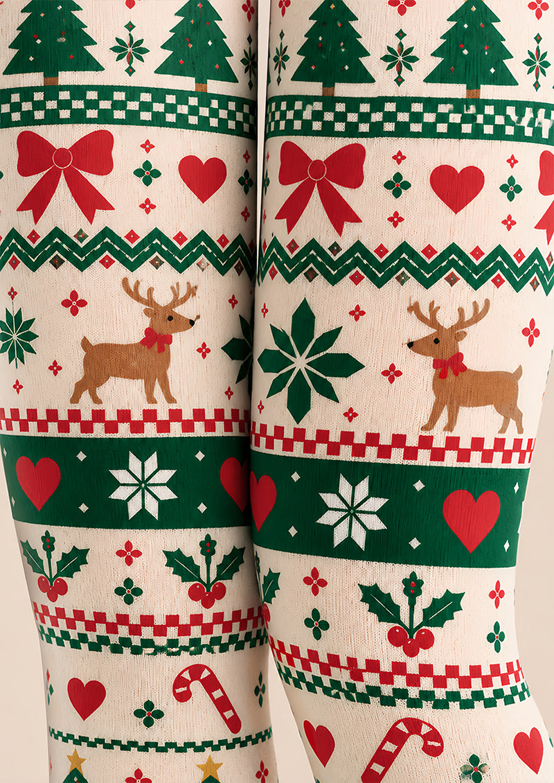 Ivory Fair Isle Christmas Print Tights Reindeer Tree Z610-60