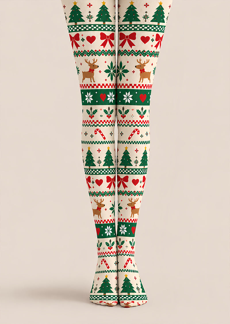 Ivory Fair Isle Christmas Print Tights Reindeer Tree Z610-60