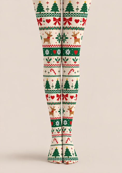 Ivory Fair Isle Christmas Print Tights Reindeer Tree Z610-60