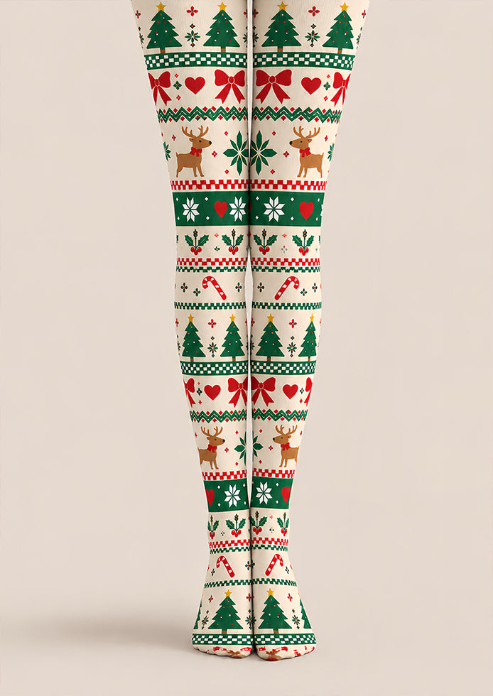 Ivory Fair Isle Christmas Print Tights Reindeer Tree Z610-60