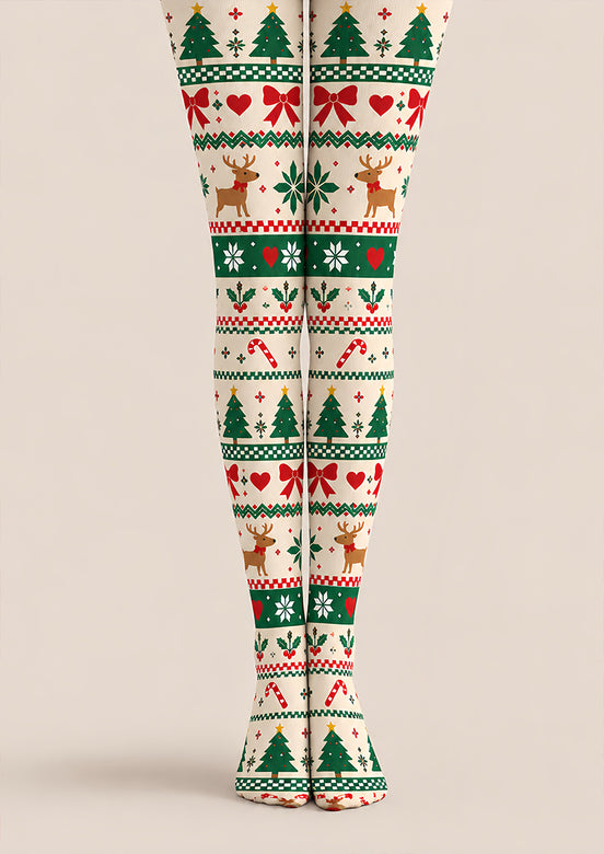 Ivory Fair Isle Christmas Print Tights Reindeer Tree Z610-60