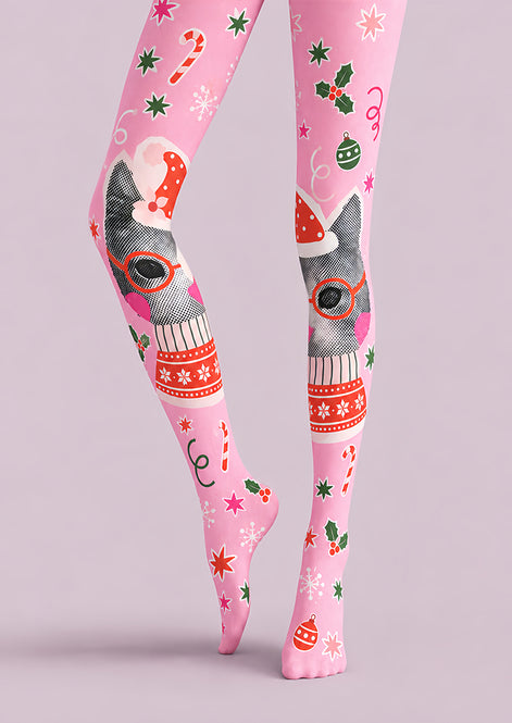 Pink Christmas Cat Print Tights Hosiery Pantyhose Z610-62