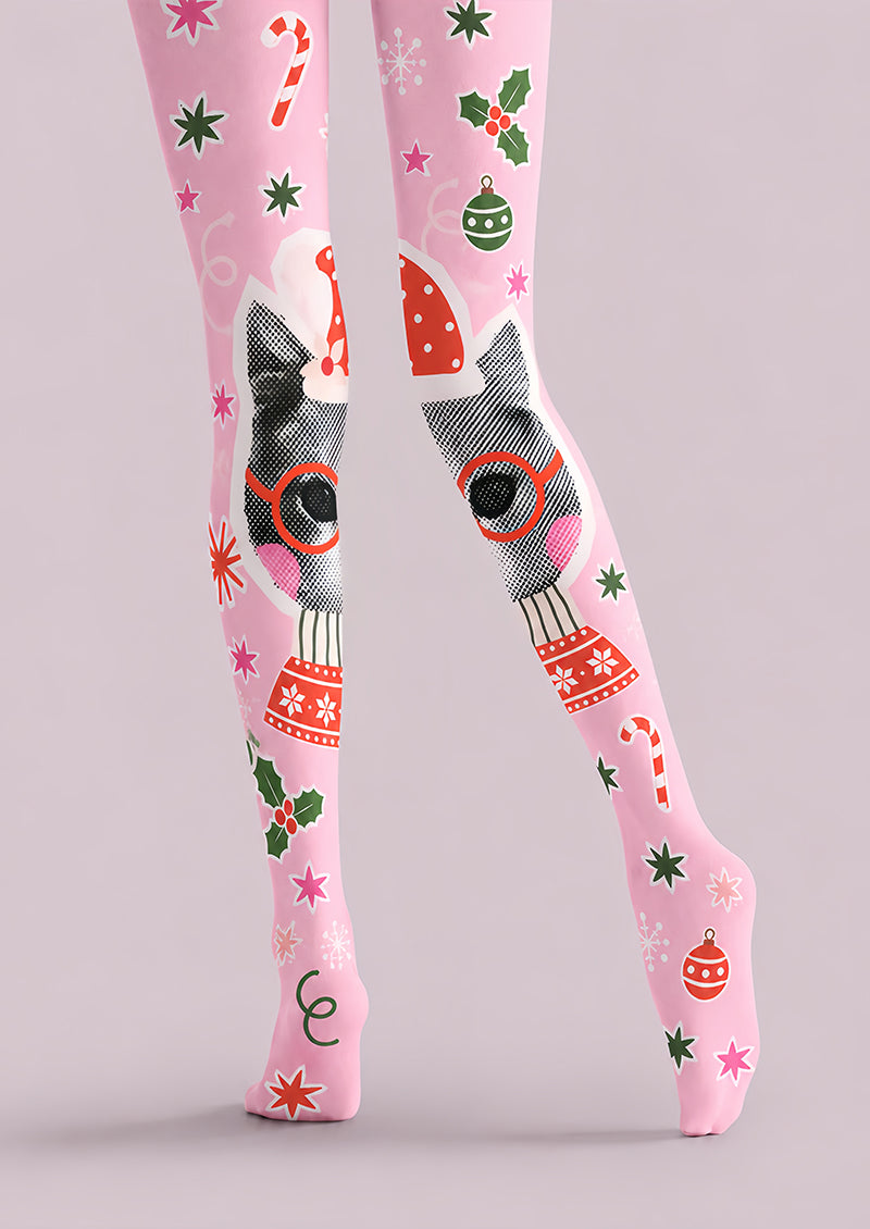 Pink Christmas Cat Print Tights Hosiery Pantyhose Z610-62