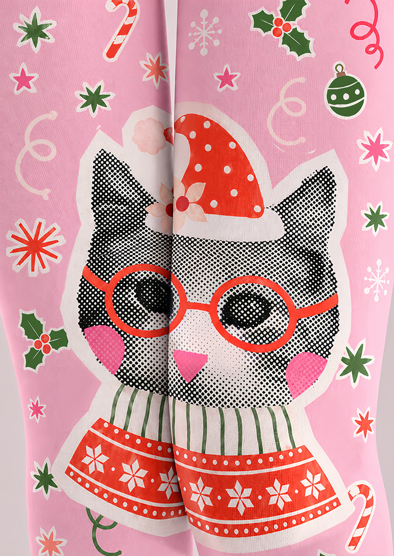 Pink Christmas Cat Print Tights Hosiery Pantyhose Z610-62