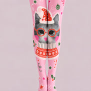 Pink Christmas Cat Print Tights Hosiery Pantyhose Z610-62