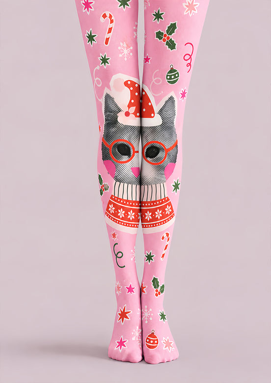 Pink Christmas Cat Print Tights Hosiery Pantyhose Z610-62