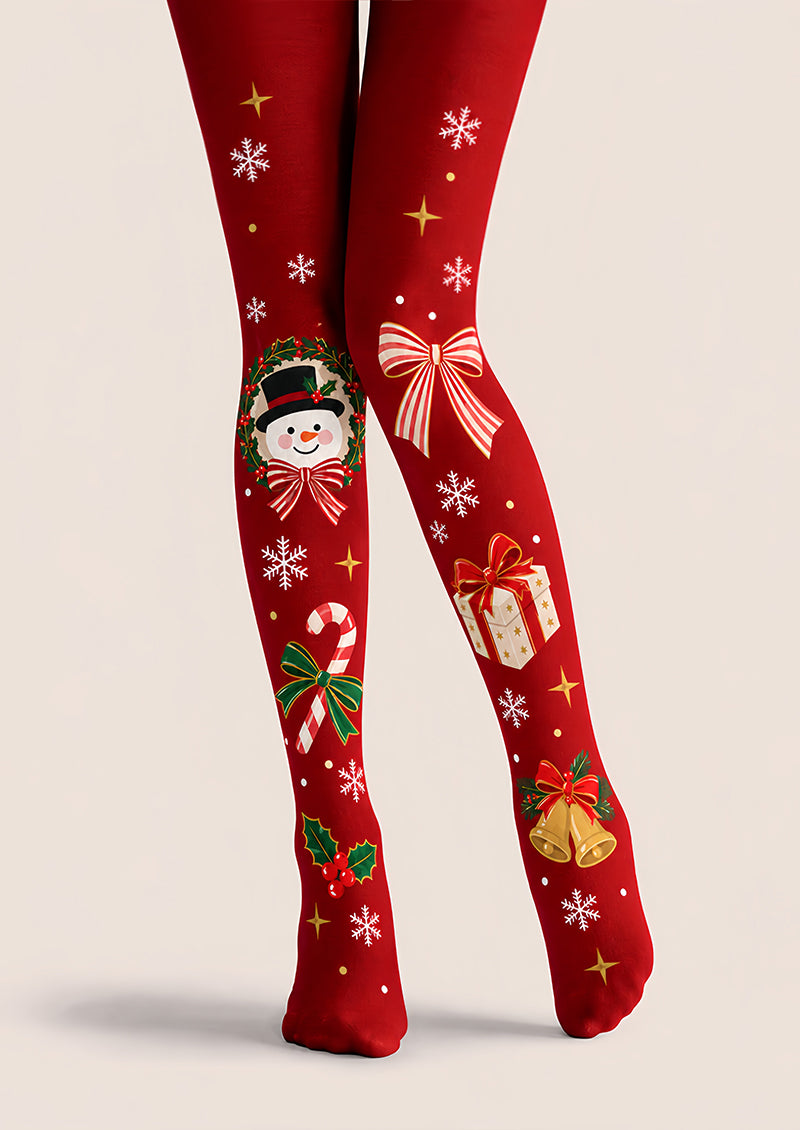 Christmas Snowflake Gift Bell Print Red Tights Z610-64