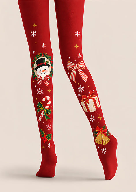 Christmas Snowflake Gift Bell Print Red Tights Z610-64