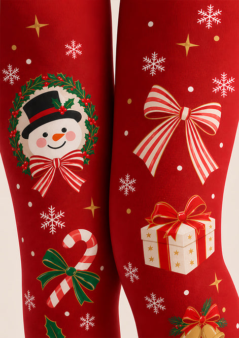 Christmas Snowflake Gift Bell Print Red Tights Z610-64
