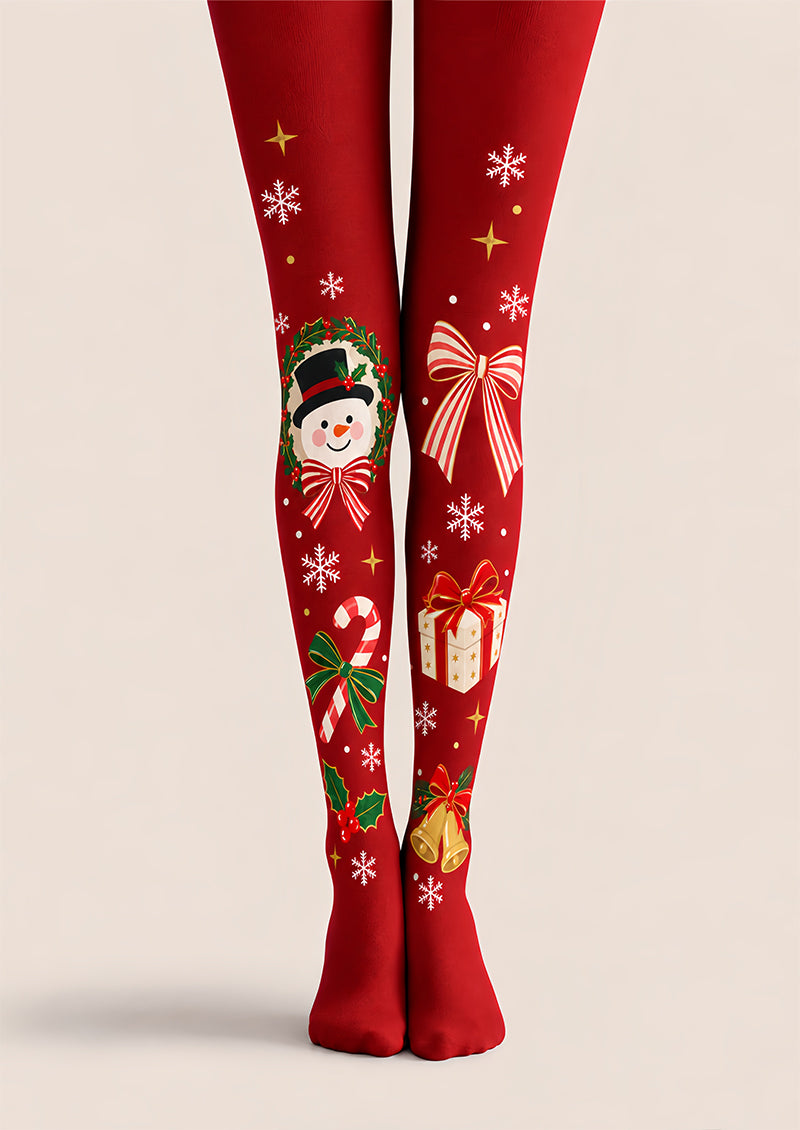 Christmas Snowflake Gift Bell Print Red Tights Z610-64