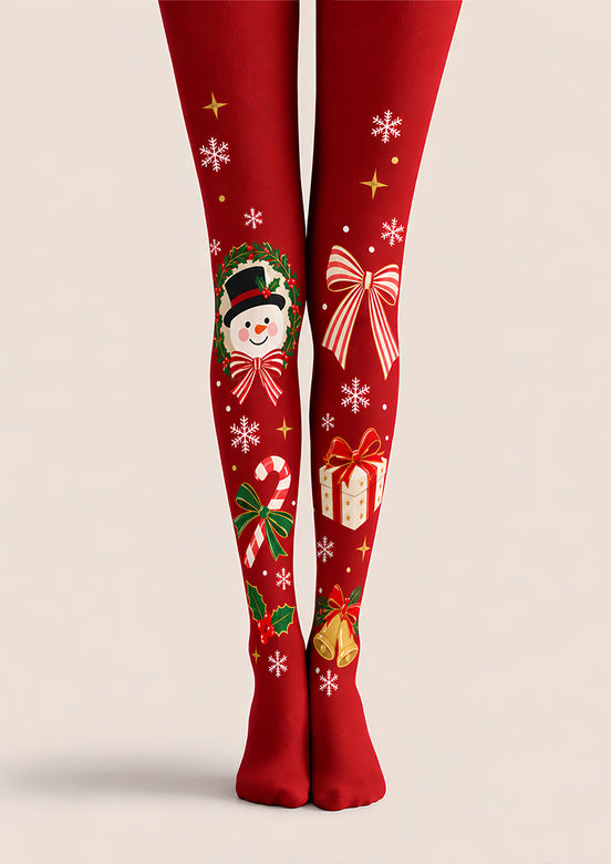 Christmas Snowflake Gift Bell Print Red Tights Z610-64